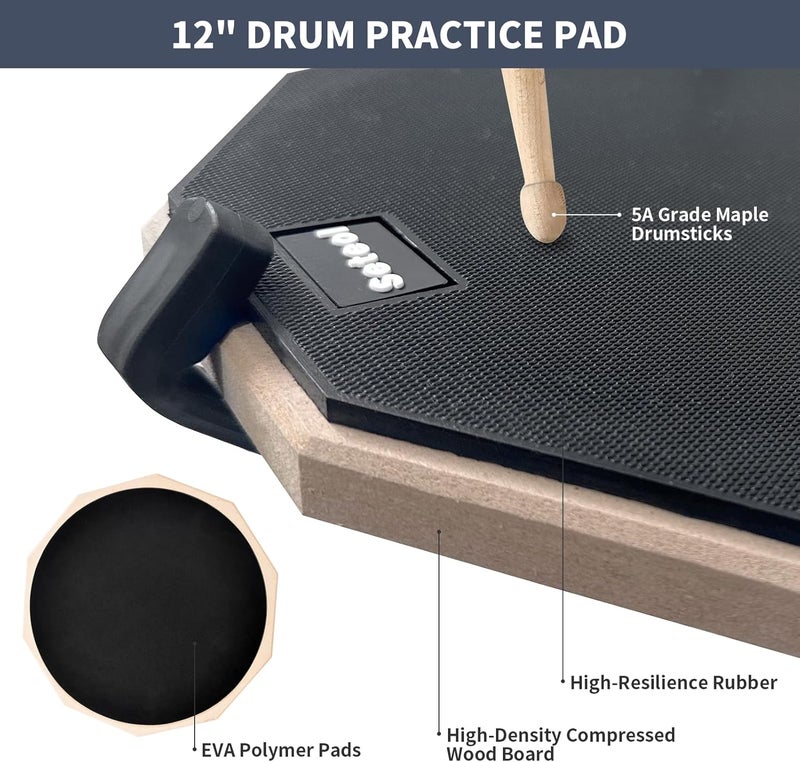 Seteol Drum Practice Pad Set, 12 Inch Double Sided Silent Drum Pad with Storage Bag + Adjustable Snare Drum Stand with Carry Bag + 2 Pair Drum Sticks with Drumstick Holder, Fits 10"-14" Drums (Black) - Image 4